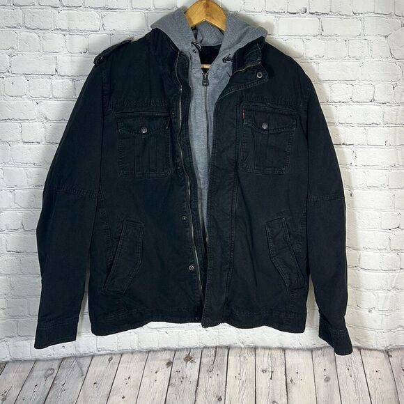 Levi's Size L Men's Military Trucker Sherpa Lined Removable Hood Black Jacket - Picture 1 of 12
